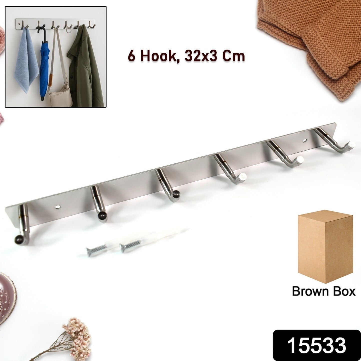 Stainless Steel Wall Mounted Coat 6 Hook Rack (32x3 / 1Pc)